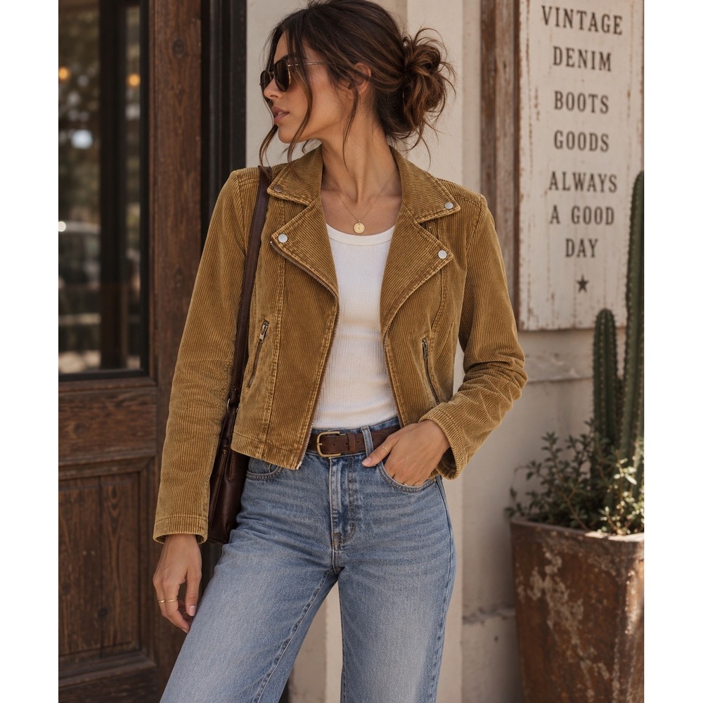 Altar'd State Corduroy Moto Jacket Camel Brown Western Size M